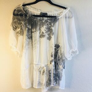 Sheer white top with black roses tie waist floaty beachy hippie summer peasant